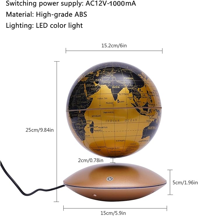 6" Magnetic Levitating Globe, 360°Rotating Geographic Globes Levitating Globes with LED Light Floating Magnetic Levitation Floating Globe for Desk Home Office Classroom Study Room(Gold/Single Color Light)