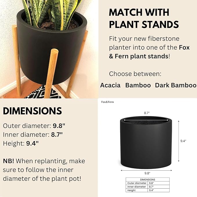 Fox & Fern 10 Inch Black Plant Pot with Drainage Plug — Premium Lightweight Fiberstone Matte Black Planter; 10 Inch Pots for Plants; for Indoor & Outdoor Use; Weather Resistant & UV Resistant