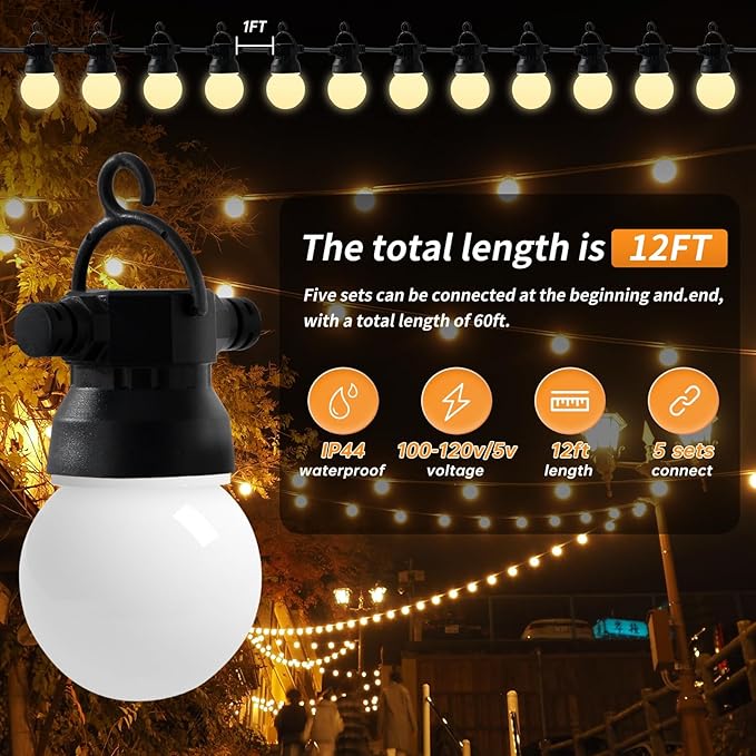 Outdoor String lamp 12 feet can be Connected G50 Anti-Fall Waterproof lampshade IP65 Waterproof Warm White Light Suitable for Garden terraces