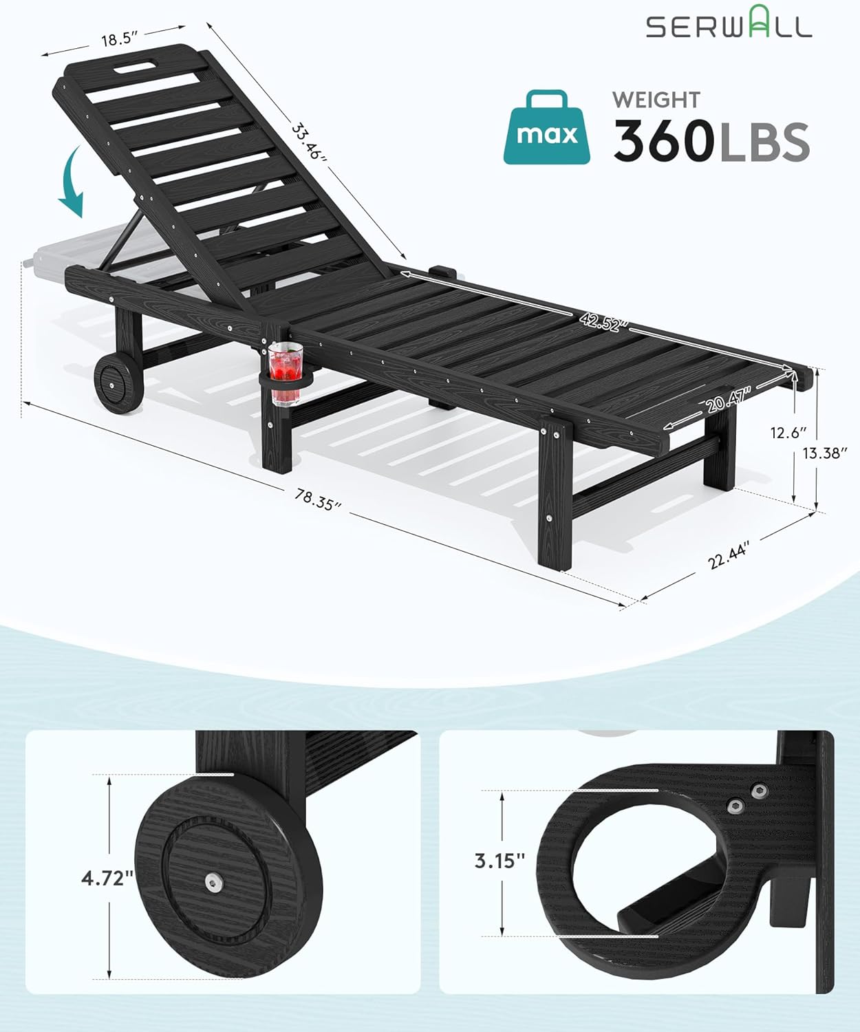 SERWALL Patio Lounge Chair Set of 2, HDPE Outdoor Lounger with Cup Holder, 5 Positions Adjustable Pool Lounger with Rolling Wheels for Poolside, Black