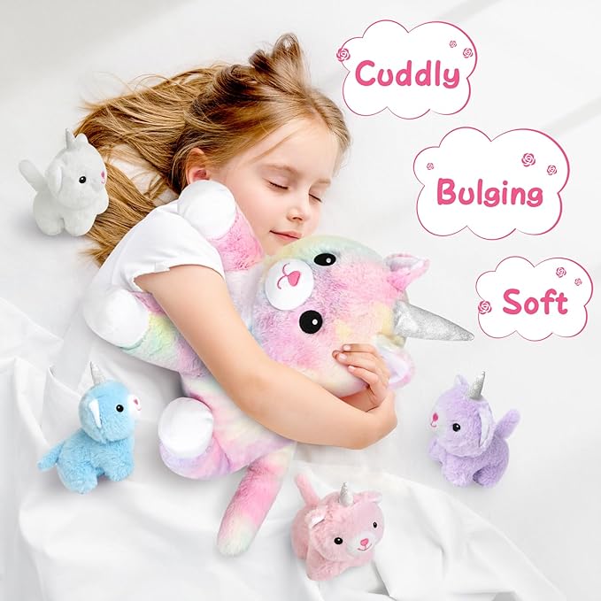KMUYSL Toys for Ages 0 1 2 3 4 5 6 7 8+ Years - Plush Mommy Stuffed Animal with 4 Babies in Her Tummy, Soft Plush Toys Set, Christmas Birthday Gifts for Girls Boys, Toddler, Kids (Unicorn Cat Toys)