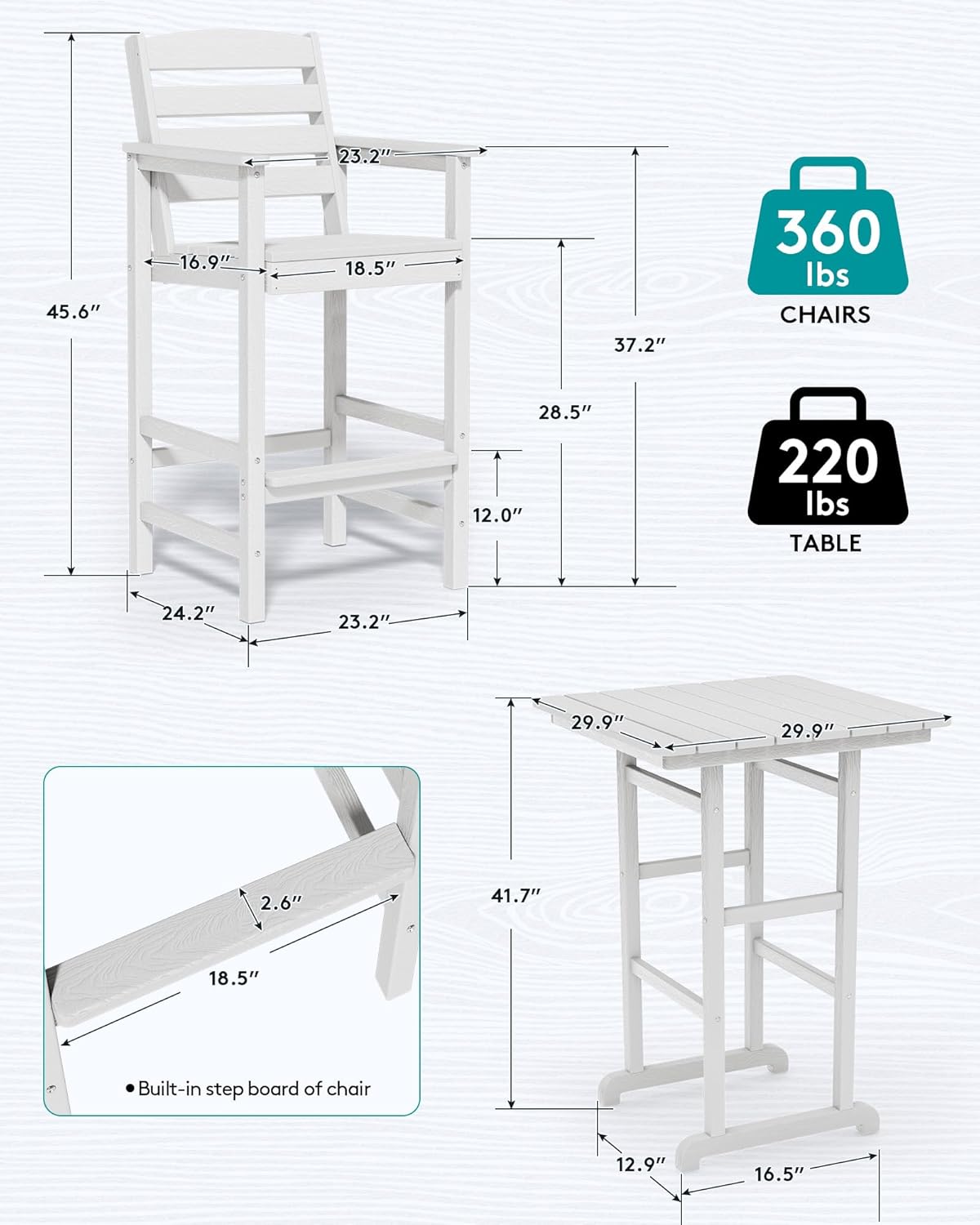 SERWALL Tall Adirondack Bar Chairs and Table 3 Pieces Set, Adirondack Bar Height Chairs Set of 2 and Bar Table, Outdoor Bar Stools Set for Bistro, Poolside, Backyard, White