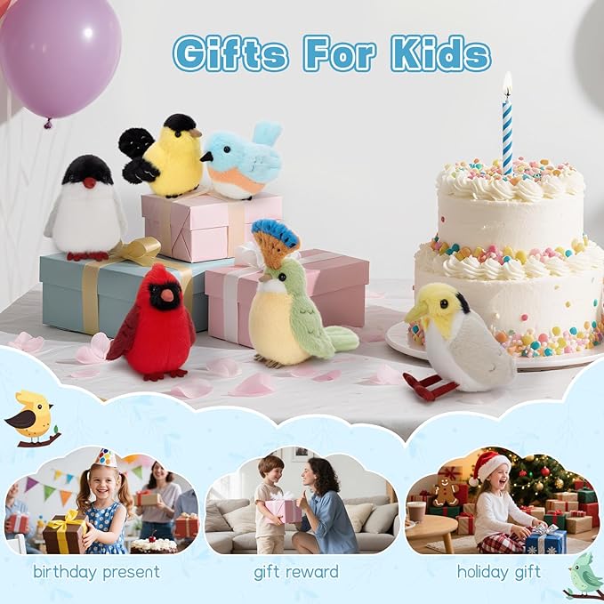Muiteiur 6 Pcs Bird Stuffed Animals Set,6 Inch Soft Plush Toy, Stuffed Animal Bulk for Kids Boys Girls, Bird Lovers, Birthday Theme Decor