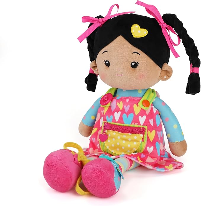 LeyaDoll Soft Bady Educational Soft Baby Doll(16''), Learning Sensory Doll for Toddlers, Montessori Toys for 2-Year-Old Girls Christmas, Birthday Gifts, Plush Doll with Button-Busy Sweetheart Tanned