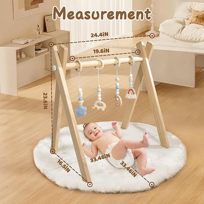 Wooden Baby Play Gym with Activity Mat, Foldable Baby Gym Frame with Hanging Sensory Toys for Newborn Baby