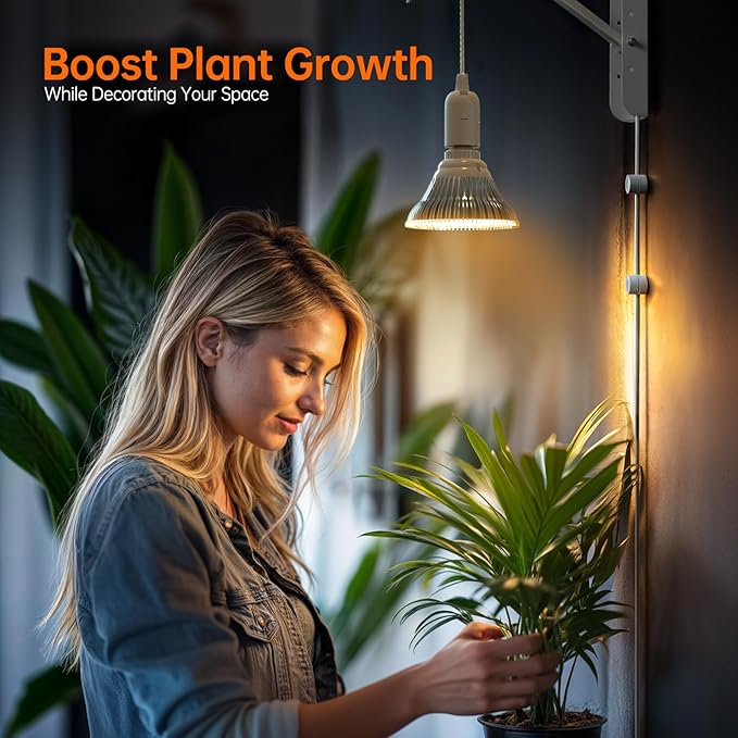 Hanging Grow Light with Wall Mounted Bracket, 25W, 3000K Led Plant Light Bulb, Full Spectrum Pendant Grow Light with Timer, 16.4 FT Power Cord, Decorative Grow Light for Indoor Plant