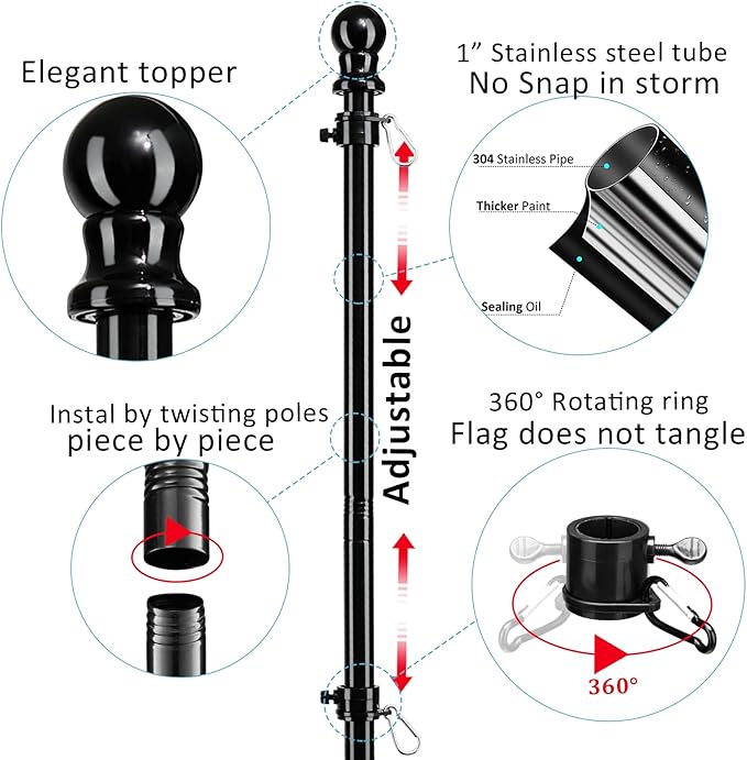 Black Flag Poles for Outside in Ground - 8FT Flag Pole for House with 2 Pronges Base - Stainless Steel Flag Pole Kit with 3x5FT American Flag for Yard Residential Commercial