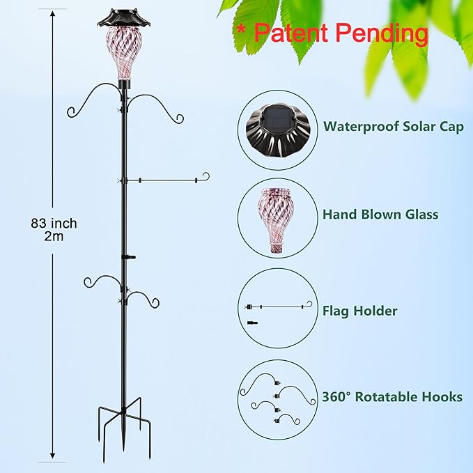 Solar Shepherds Hooks with Hand Blown Glass Lamp, Decorative RGB Lights, 4 Hooks & 1 Flag Holder, Heavy Duty Stand for Hanging Hummingbird Feeder, Bird Feeder, Plant, Landscape Light (Purple)