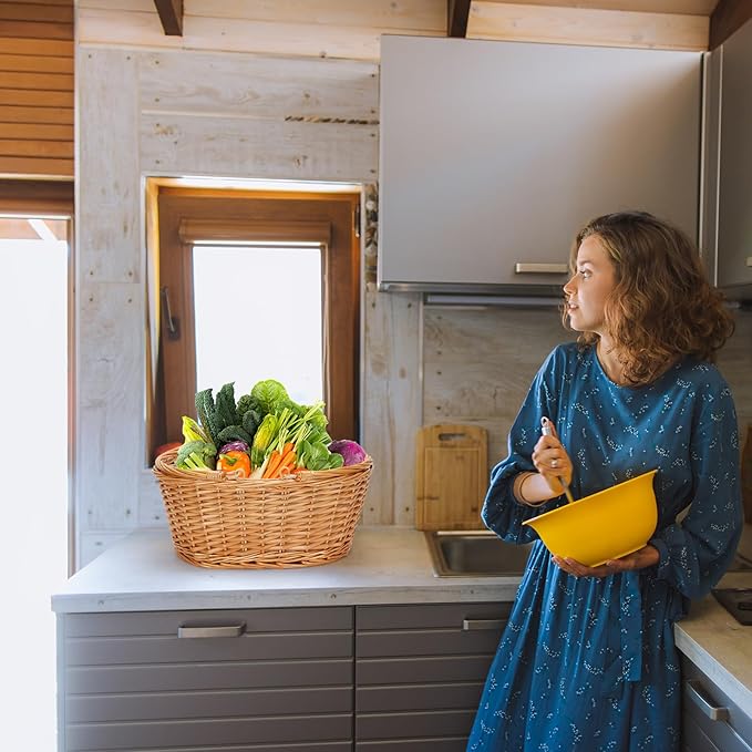 Wicker Picnic Basket with Double Folding Handles, Natural Large Willow Hamper Empty Basket Cheap Easter Eggs Candy Storage Wine Basket for Toy, Flower, Wedding（White 16inch）