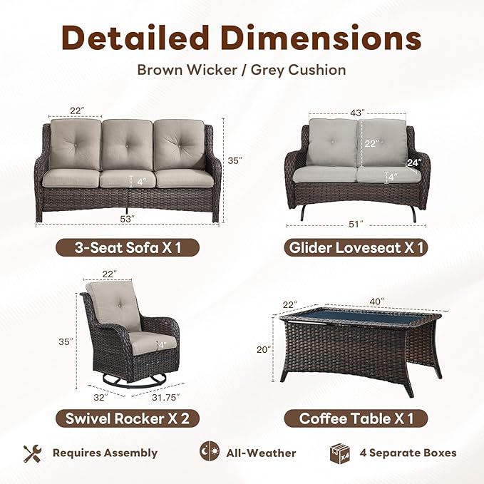 5 Piece Outdoor Patio Furniture Set - Outdoor Conversation Couch and Loveseat Glider Chair Furniture Set with Rattan Coffee Table for Deck Balcony Poolside Brown Wicker/Grey Cushions