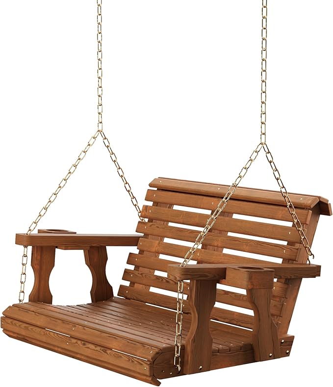 Amish Casual 3 Foot Roll Back Porch Swing with Cup Holders in Oak Stain - Amish Made in The USA from Treated Pine Heavy Duty 700 Lb. Weight Capacity