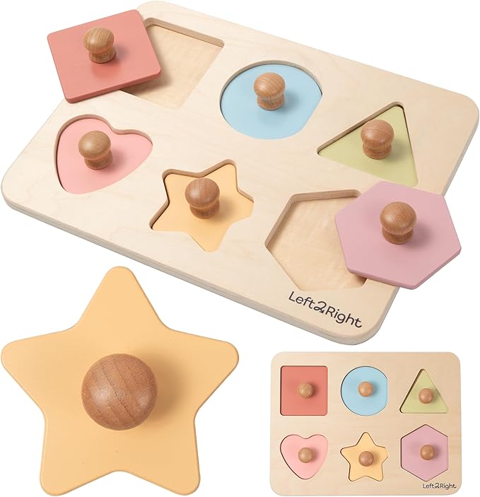 LEFT2RIGHT Wooden Puzzles for Toddlers 2-4 | Montessori Toys for 1-4 Year Olds | Educational Shape Edition Puzzle for Motor Skills & Sensory Learning | Wooden Toddler Puzzles Ages 1-3 Shape Edition