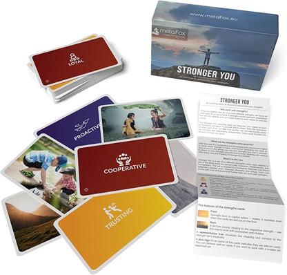 metaFox Stronger You | 52 strengths cards for coaching, therapy, workshops & team building | Sturdy coaching cards with strengths, icons & images, stable & compact format for multiple reuse