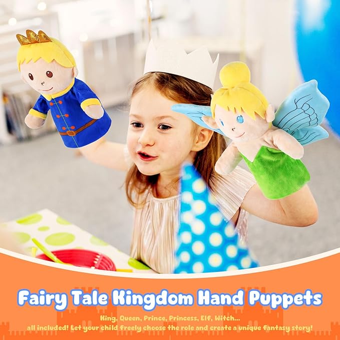 6 Pcs Castle Hand Puppets Fairy Tales Queen & King, Princess & Prince, Elf & Witch Plush Toys Role-Play Toy Puppets for Kids Storytelling Imaginative Pretend Play Teaching Preschool(6 Cartoon)