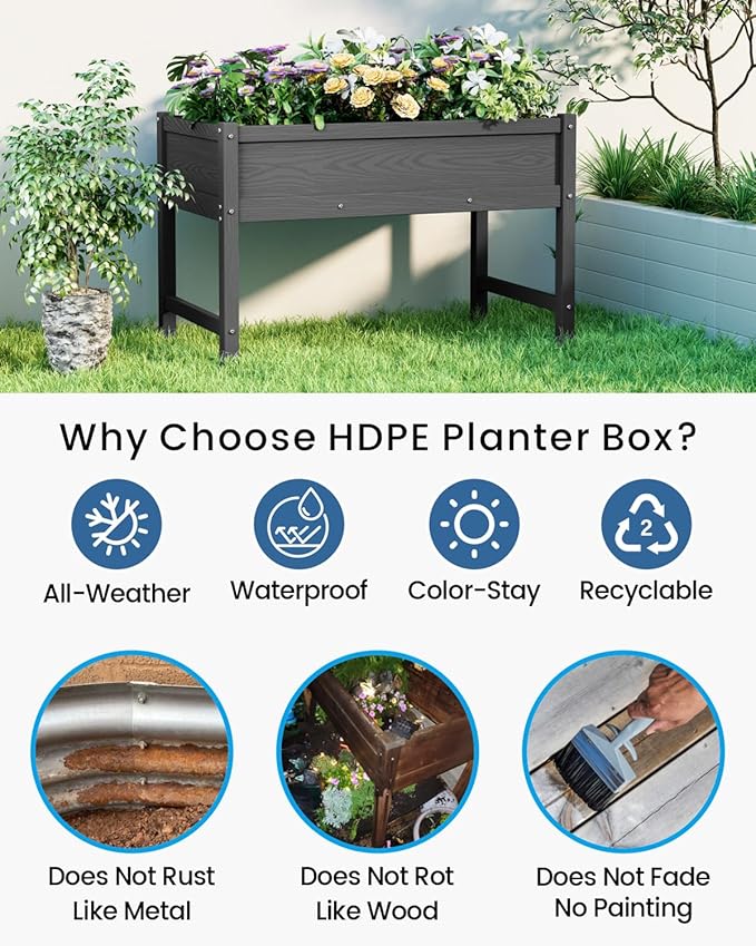 HDPE Raised Garden Bed with Legs, Outdoor Weather-Resistant Elevated Planter Box Stand for Seeds, Herbs, Flowers, Vegetables (Black)