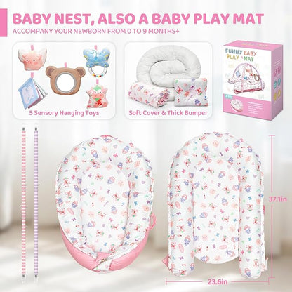Pink Baby Play Mat, 7-in-1 Tummy Time Activity Gym Mat for Sensory and Motor Development, Washable Baby Lounger, Portable Newborn Nest for Home & Travel, Babies Gift for Infant 0-3-6-9-12-18 Months