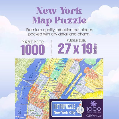 GeoToys Metropuzzle, New York City Jigsaw Puzzles 1000 Pieces, Detailed City Map Geography Puzzle, Challenging Adult Puzzle, Fun Puzzles for Adults, Family Puzzles, US City Map Poster Included