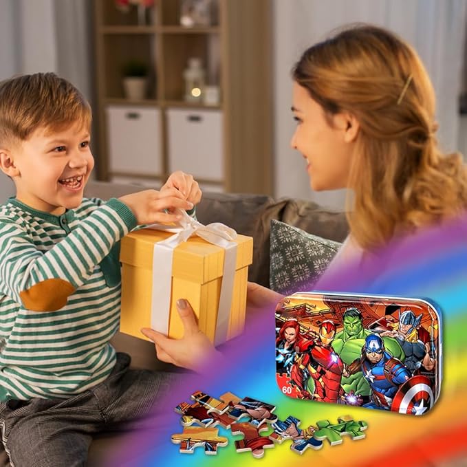 60 Piece Educational Puzzles for Kids Ages 4-8 Jigsaw Puzzle Games in Reusable Metal Box, Learning Toys with Extra Thick Safe Pieces for Boys & Girls