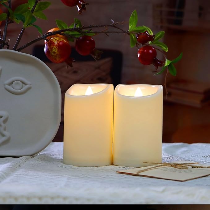 CANDLE CHOICE Waterproof Outdoor Battery Operated Flameless Candles with Timer Flickering Plastic Resin Electric LED Pillar Lights for Lantern Patio Garden Wedding Party Decorations 3x4 Inches 2 Pack