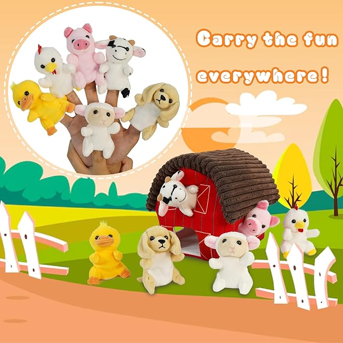 6 Pcs Farm Animals Finger Puppet with Farm Houses, Realistic Soft Plush Toy for Kids, Novelty Animals Toys Role-Playing Story Finger Puppets Plush Finger Puppets Gifts for Boys and Girls