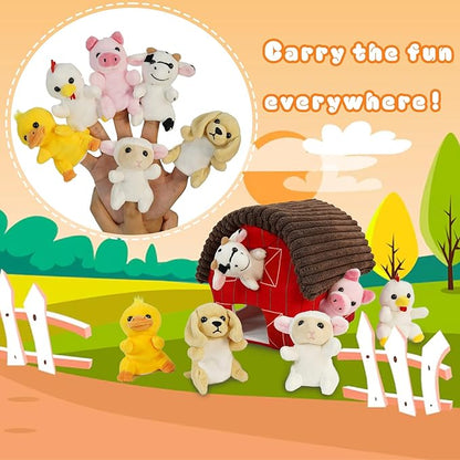 6 Pcs Farm Animals Finger Puppet with Farm Houses, Realistic Soft Plush Toy for Kids, Novelty Animals Toys Role-Playing Story Finger Puppets Plush Finger Puppets Gifts for Boys and Girls