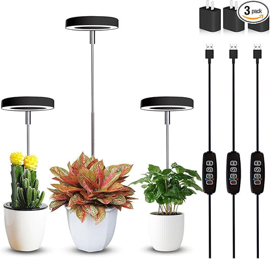 Grow Lights for Indoor Plants Small Potted - Full Spectrum, Auto 3/9/12H Timer, 10-Level Dimming & Adjustable Height - Compact Grow Light for Succulents, Herbs, Foliage in Home/Office (Black,3PACKS)