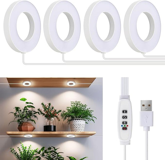 Ceiling Grow Lights for Indoor Plants, 192 LEDs Full Spectrum Halo LED Plant Light, with 3/9/12H Auto Timer Switch, 3 Colors,10 Dimming, Plant Lights for Small Plants, 4 Head