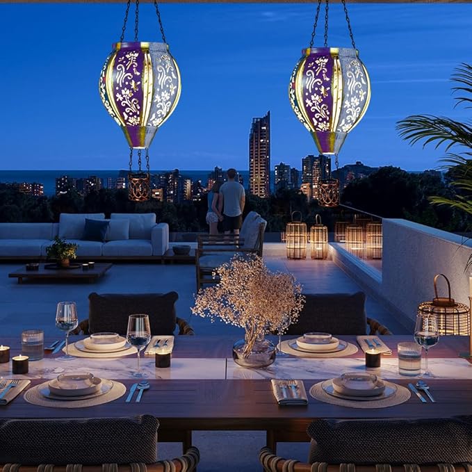 Starsoul Hot Air Balloon Solar Lantern with Flower Projection Metal Outdoor Waterproof Hot Air Balloon Solar Lights Hanging Lantern for Garden Yard Patio Decor