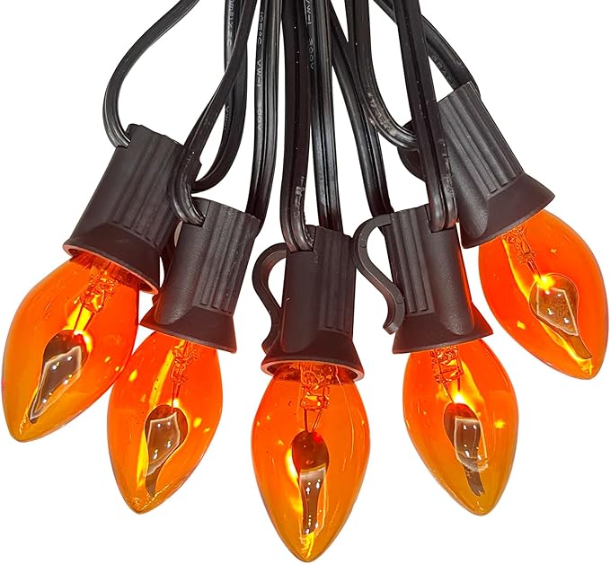 25Ft Orange C7 Christmas Lights Outdoor, Decorations With 27 Flicker Flame Bulbs, Vintage Flickering for Patio Garden Party Tree Decor - Black Wire