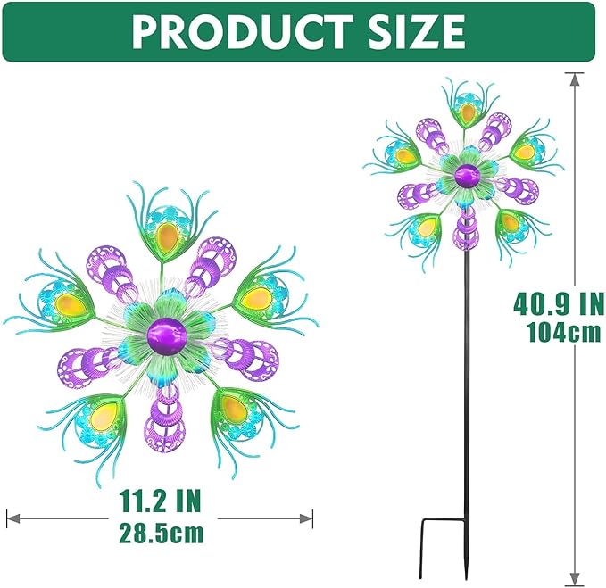 Solar Peacock Wind Spinners for Yard and Garden, 40 Inch Solar Windmill Garden Whirligig Kinetic Spinners Decor for Lawn,Patio&Yard, Metal Whirligigs Green Wind Spinners Outdoor