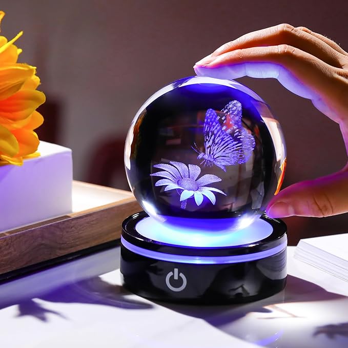 YWHL 3D Crystal Ball Butterfly and Flower Figurine with Colorful LED Base, Laser Butterfly Gifts for Women Men on Christmas Birthday, Crystal Ball Butterfly Decor Night Light for Home Decor (80mm)