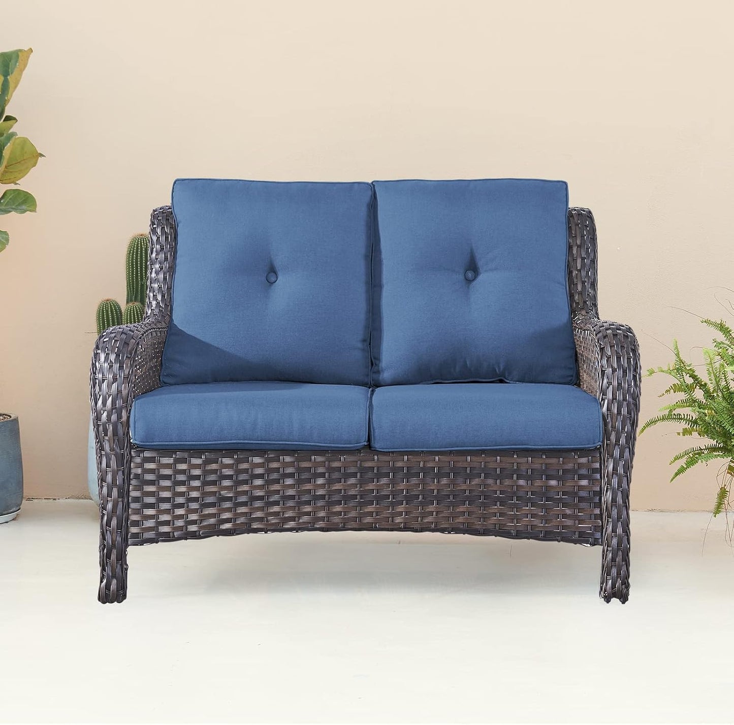 Outdoor Loveseat Small Patio Furniture 2 Seater Sofa Brown Wicker Couch Rattan Settee for Single-Family House