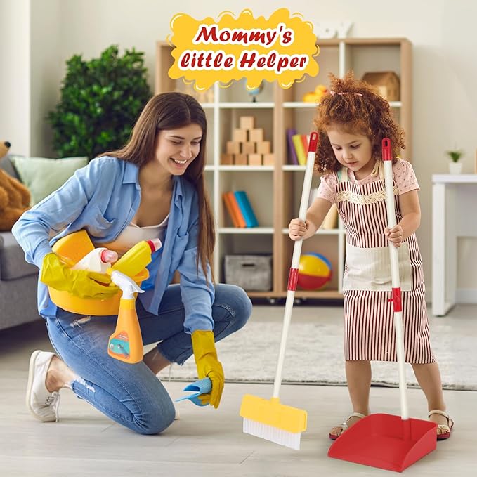 Kids Cleaning Toy Set Toddlers Broom Dust Pan Set for Housekeeping Pretend Play Cleaning Set, Cleaning Toys Gift for Toddlers Girls Boys Age 3-6 Years Old (6PCS - Red Set)