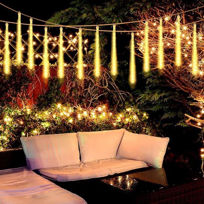 Christmas Meteor Shower Lights Outdoor - 12 Inch 10 Tube 360 LED Falling Rain Snow Icicle Cascading Light for Xmas Tree Garden Roof Eaves Decoration