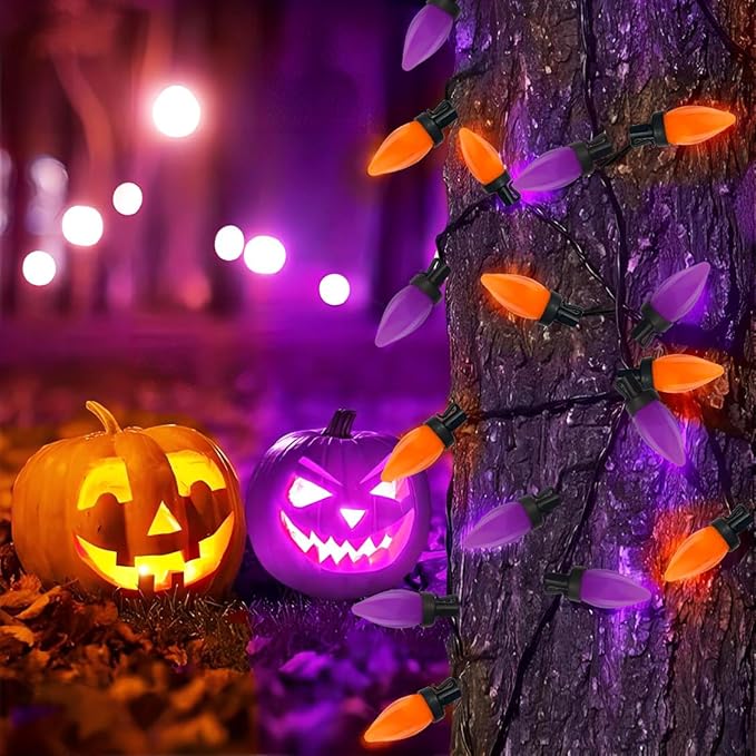 26FT LED Halloween Lights Outdoor, C7 Orange and Purple Halloween Stirng Lights with 50 LED Bulbs, Plug-in Outdoor Halloween Decorations Lights Waterproof for Halloween Patio Outdoor Party Yard Garden
