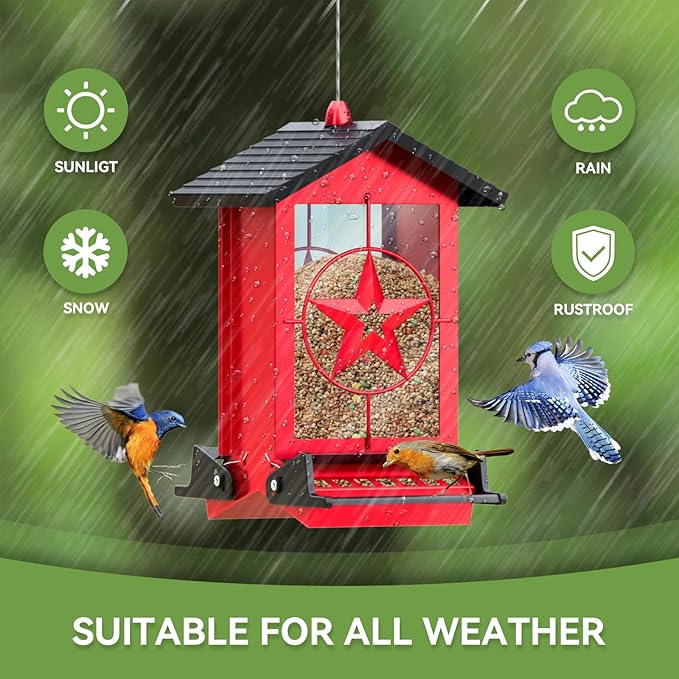 Squirrel Proof Bird Feeder for Outdoors Hanging, Metal Wild Bird Seed Feeder with Bilateral Weight-Activated Perches, 5LB Large Capacity Wild Bird Feeders for Outside Finch, Cardinal, Blue Jay