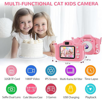 Kids Camera, Toys for Ages 3-7, Camera for Kids, Present for 3 Years+ Old Girls, Kids Camera with Cute Silicone Sleeve, 1080p Video Recording, Multi-Frame & Filter, Girl Toys, Pink