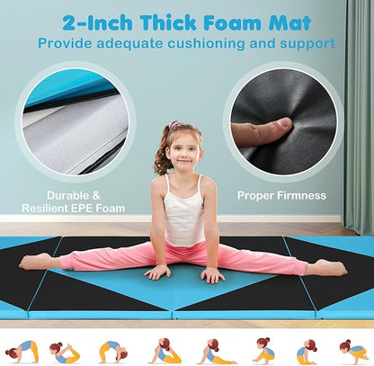 Giantex 4'x10'x 2" Gymnastics Mat, 4-Panel Folding Aerobics Exercise Mat w/Hook & Loop Fastener, Carrying Handle, Portable Tumbling Mat for Stretching Yoga Cheerleading Martial Arts