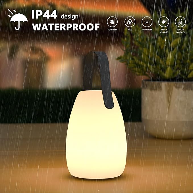 uuffoo 2 Pack Portable Outdoor Table Lamp, Dimmable Cordless Lamp with Remote and 7 RGB Colors IP44 Waterproof Hanging Lamp Indoor/Outdoor Night Lamp Lantern for Bedroom Garden Dining Camping