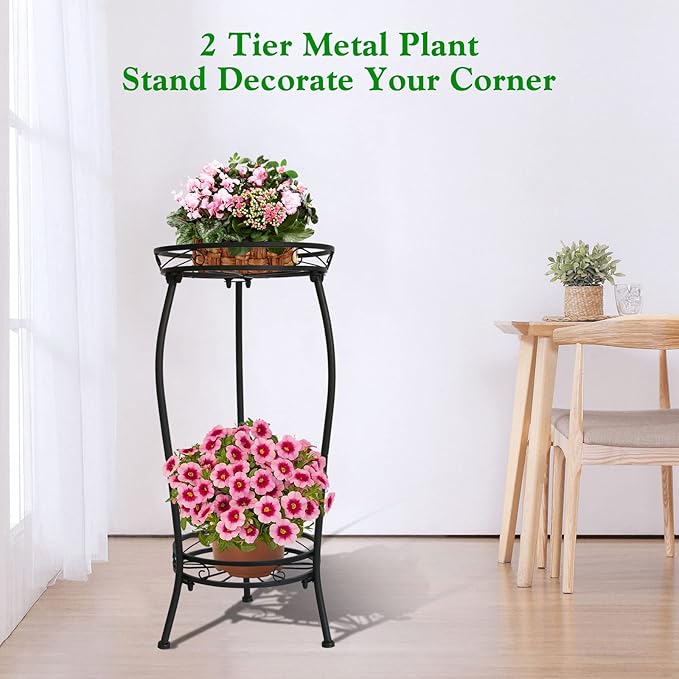 Plant Stand Indoor Outdoor,2 Tier 27inTall Metal Potted Holder Rack Flower Pot Stand Heavy Duty Plant Shelf Rustproof Iron Multiple Plant Round Supports Rack for Planter Corner Garden Balcony Patio