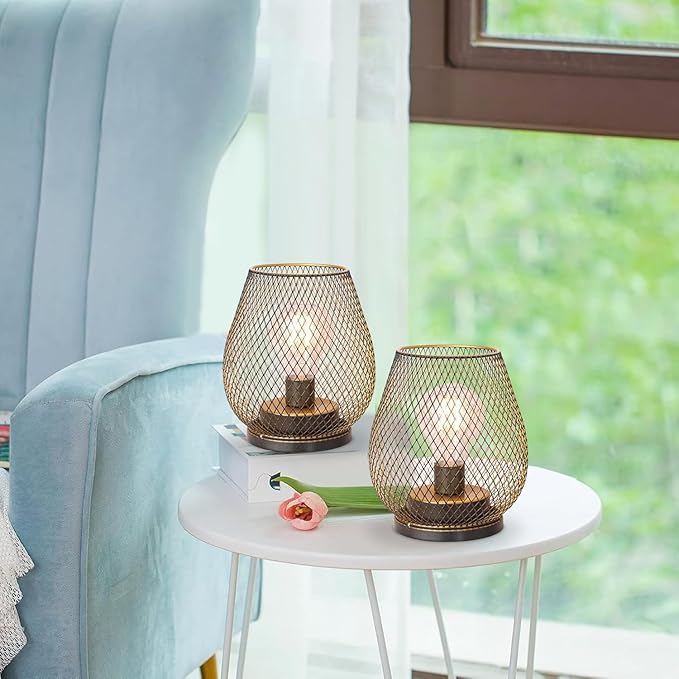 DECORKEY Set of 6 Battery Operated Lamp LED Table Lantern, Golden Metal Cage Cordless Lamps with LED Bulb, Vintage Decorative Outdoor Lantern for Weddings, Party, Patio, Events for Indoors Shelf Decor