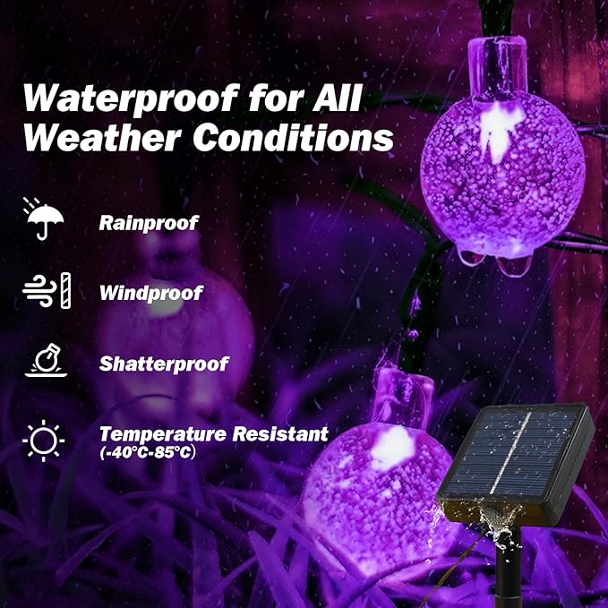Solar Lights Outdoor Waterproof, 2 Pack Total 120LED 72FT Solar String Lights for Outside w/ 8 Modes, Outdoor String Lights Crystal Globe Patio Lights for Garden Yard Party Decor (Purple)