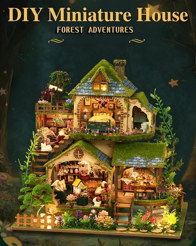 OZJAY Miniature House Kit, DIY Wooden Dollhouse Miniature Kit, Dollhouse Kit, Mini House Building Kit for Adult Teen, Forest Adventure