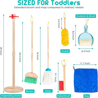 Kids Cleaning Set, 8 Pcs Wooden Housekeeping Play Set Includes Broom Mop Duster Dustpan Brushes Rag and Organizing Stand, Cleaning Toys Gift for Toddlers Girls Boys Age 3-6, Solid Beech Wood