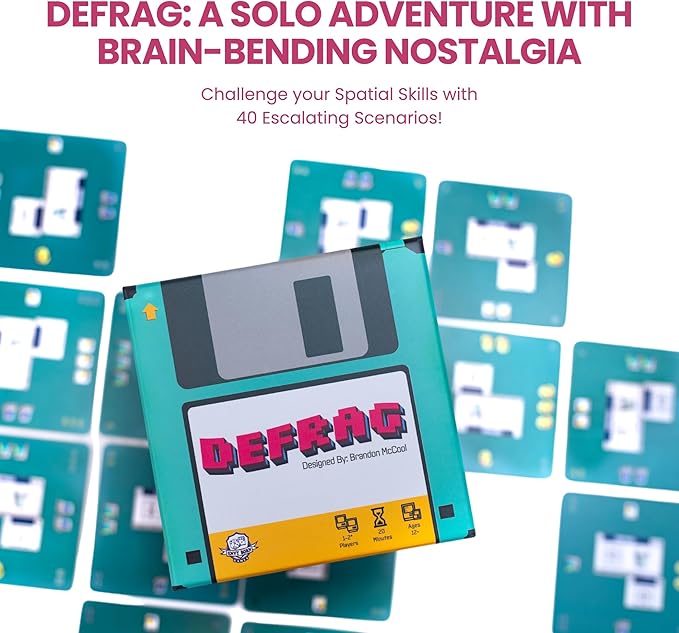 Defrag | Nostalgic Floppy Disk Themed Travel-Size Board | Play Anywhere | Challenging Puzzle with Scenario Booklet | Solo Play for Ages 12+ | Tiny Series