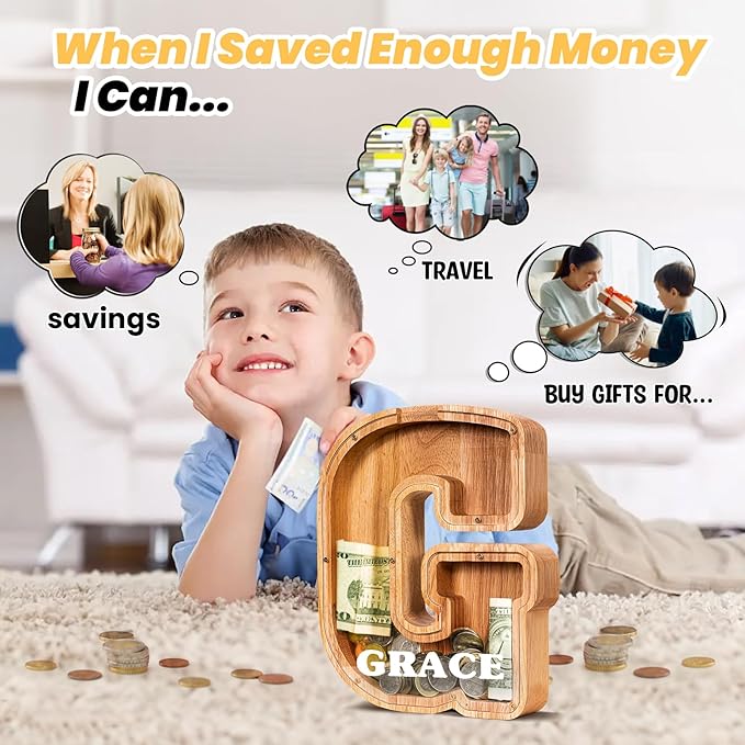 KMC Wooden Letter Piggy Bank, Personalized Initial Piggy Bank for Kids Boys, Clear Alphabet G Wood Money Box, Unbreakable Coin Saving Jar, Birthday, for Children