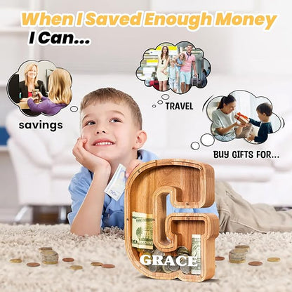 KMC Wooden Letter Piggy Bank, Personalized Initial Piggy Bank for Kids Boys, Clear Alphabet G Wood Money Box, Unbreakable Coin Saving Jar, Birthday, for Children