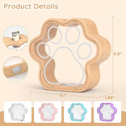 KMC Wooden Cat Caw Piggy Bank, Dog Paw Money Box for Boy Clear Piggy Bank for Girl Small Initial Coin Bank Personalized Gift for Birthday and Festival(Natural)
