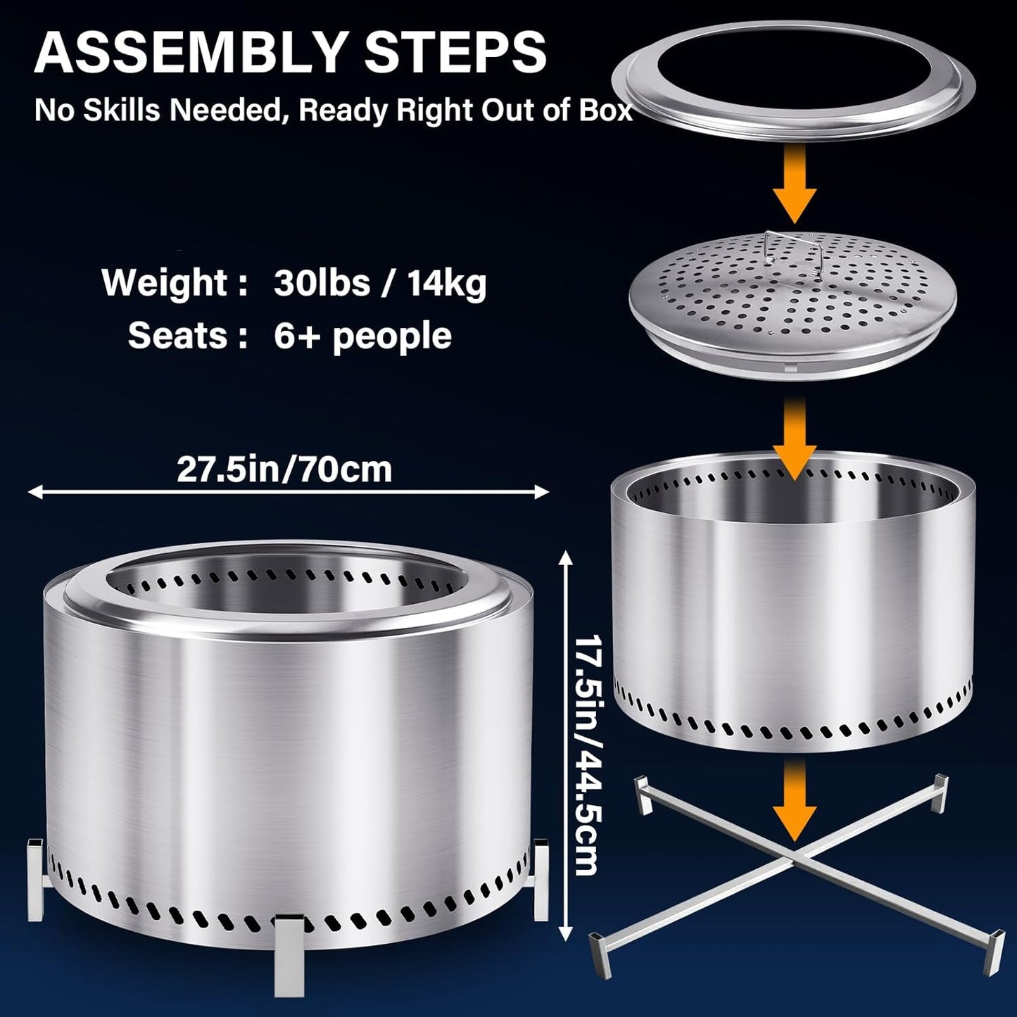 HGD 27.5" Smokeless Fire Pit with Stand, Stainless Steel Wood Burning Firepit for Friends & Family Gatherings, Secondary Combustion Outdoor Patio Stove for Garden BBQ & Bonfire