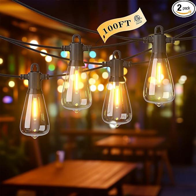 FOOMAN LED Outdoor String Lights, 100FT Outside Waterproof Patio Lights with 50+3 Shatterproof ST38 Edison Bulbs, 2700K Warm White Hanging Light, Dimmable Light for Back Yard Porch Party Gezebo